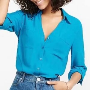 Express Portofino Button Down Blouse Shirt, Size XS, EUC, Turquoise Blue